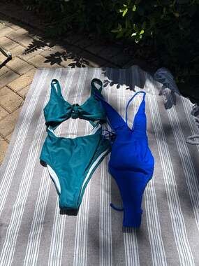 SHEIN NWOT One Piece: Teal Knot Front Cutout & Blue Plunge Lace-Up, Sz S